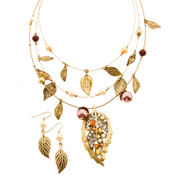 Wholesale gold necklace set inches leaves champagne beads crystal rhinestone acc
