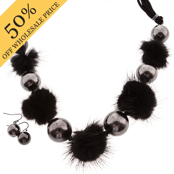 Wholesale black cord necklace set smokey gray large beads furry feather accents