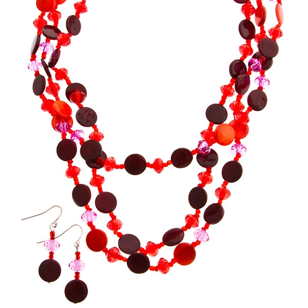 Wholesale red tones triple layered beaded necklace assorted beads shell pieces