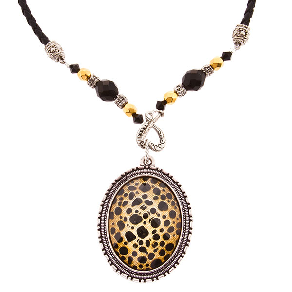 Wholesale black cord necklace faceted black beads leopard print inch