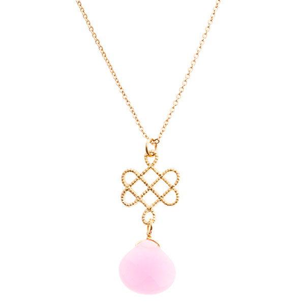 Wholesale love knot gold chain necklace baby pink stone
