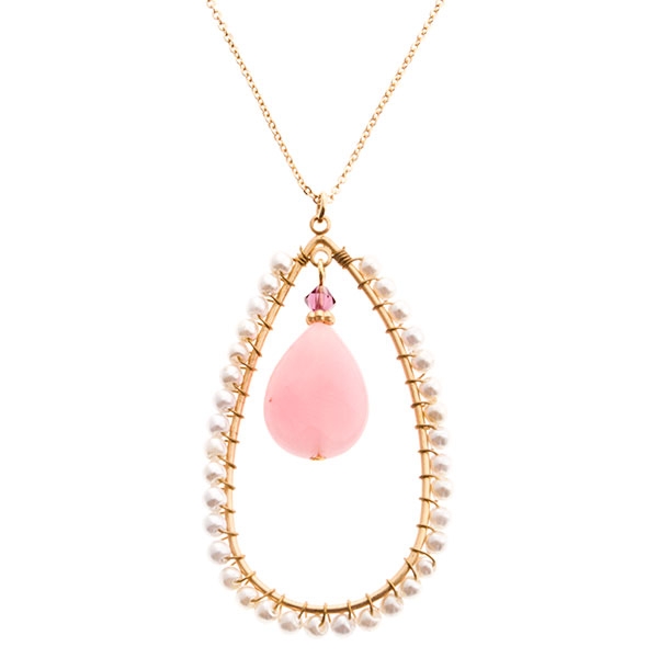 Wholesale gold chain necklace pearl beads teardrop dangling baby pink bead cent