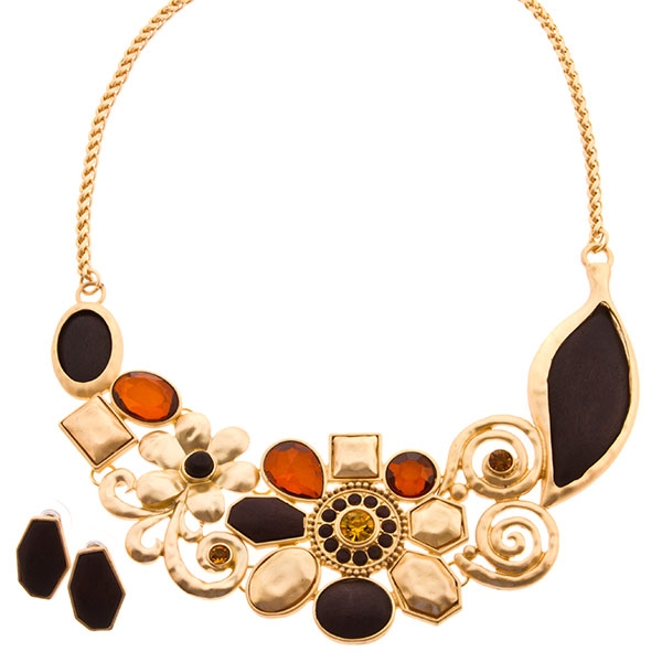 Wholesale gold necklace set floral amber black onyx insets