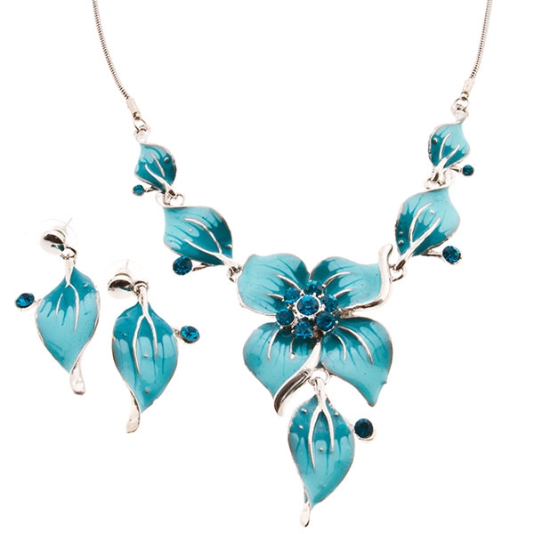 Wholesale silver necklace set monochromatic flower garden aqua
