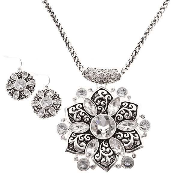 Wholesale necklace set silver chain floral black onyx underlay
