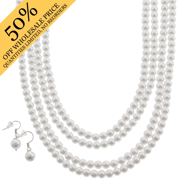 Wholesale layering inch necklace set strands bright white glass pearl beads neck