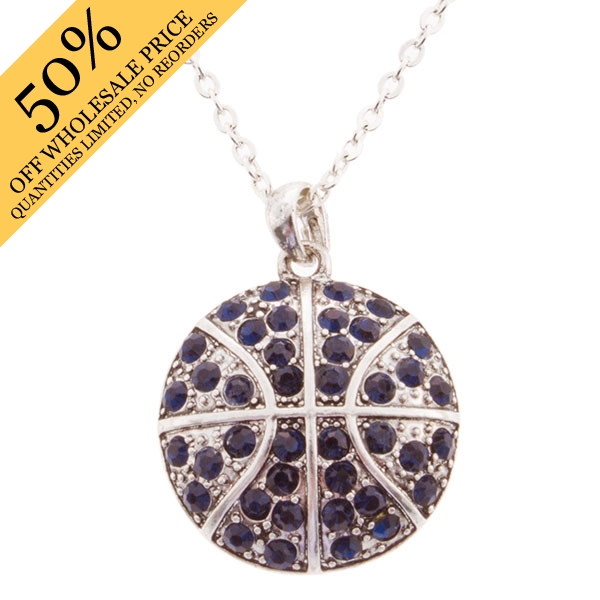 Wholesale inch Silver toned chain necklace basketball pendant navy blue rhinest