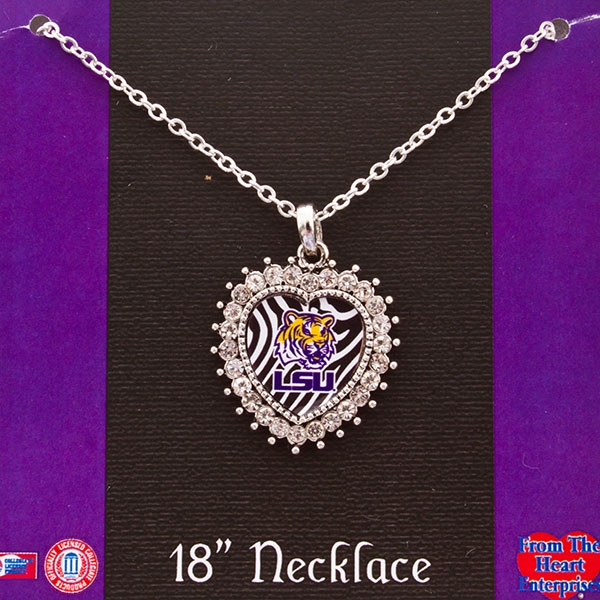 Wholesale inch Silver toned chain necklace inch heart LSU charm rhinestones zeb