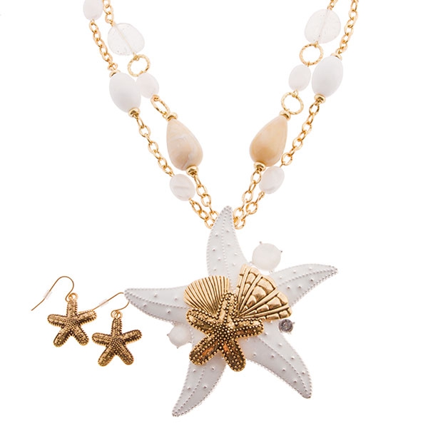Wholesale gold necklace set white starfish assorted natural stones