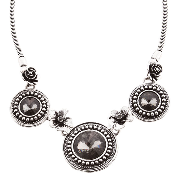Wholesale silver necklace textured medallions inset smokey crystal