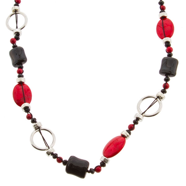Wholesale inch black leather cord necklace assorted red black stones connected
