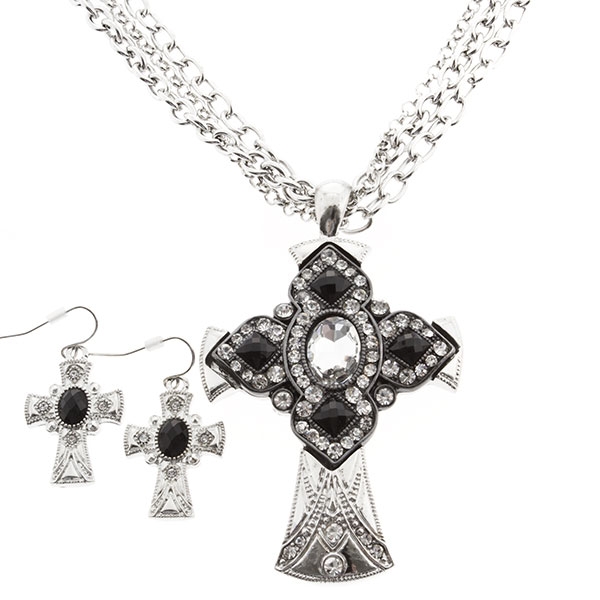 Wholesale inch silver multi strand chain necklace set inch cross crystal jet fa