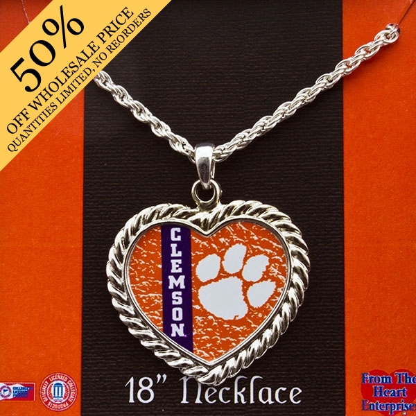 Wholesale inch Silver necklace Clemson heart pendant