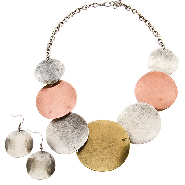 Wholesale inch tri colored necklace set has silver copper gold toned scratched