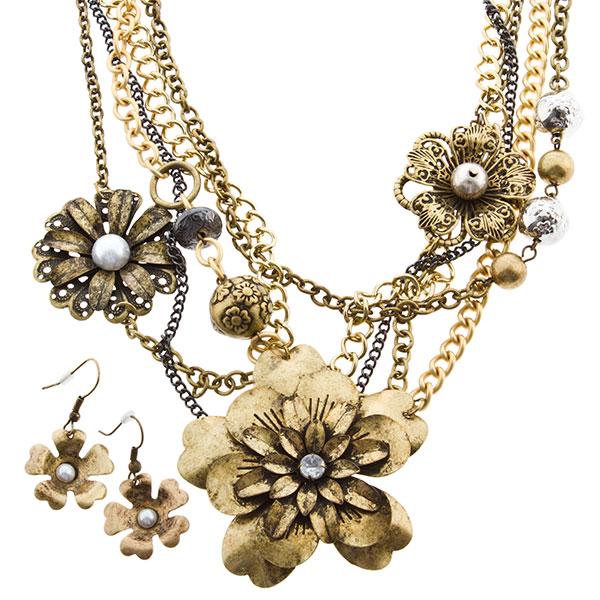 Wholesale inch multiple gold chain necklace has large flower focals black chain