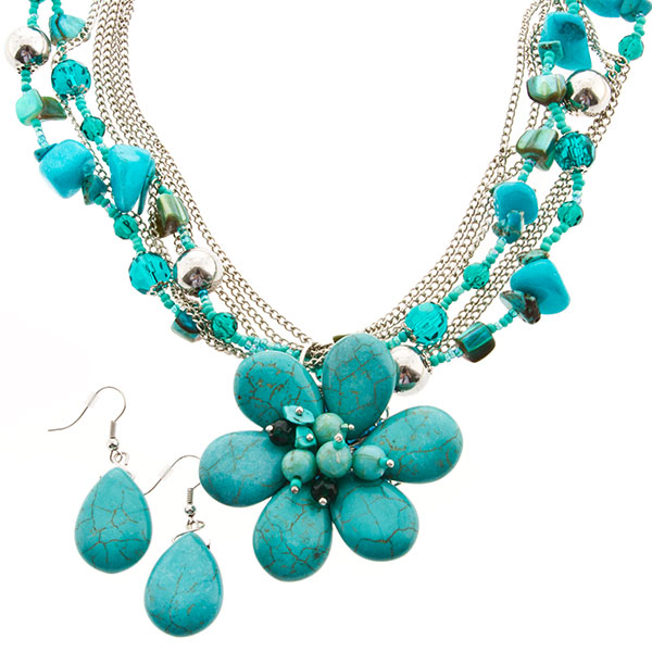 Wholesale inch silver toned multi chained necklace large turquoise colored flor