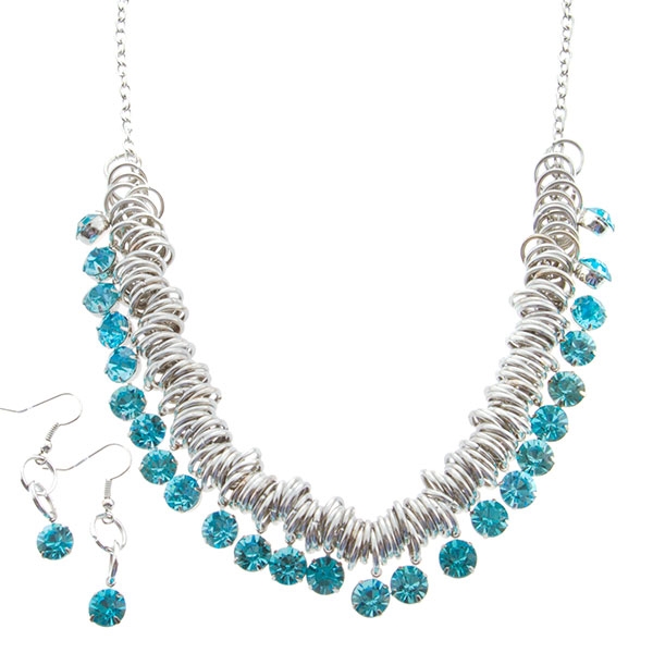 Wholesale inch Silver toned round ringed necklace dangling aqua rhinestones