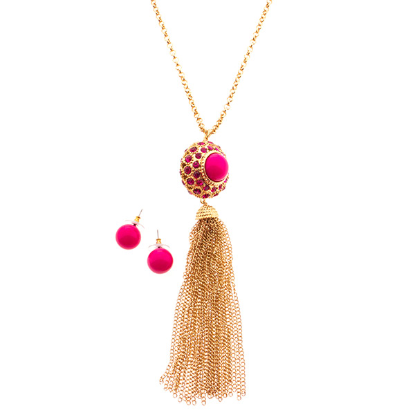 Wholesale gold chain necklace earring set fuchsia rhinestone globe fuschia cabo