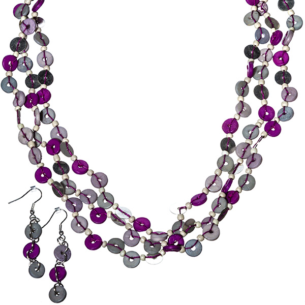 Wholesale silver necklace set flat rounded grey purple beads matching earrings