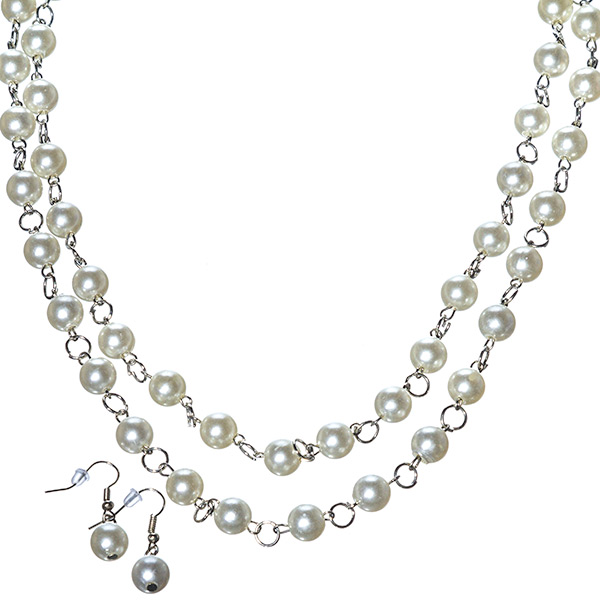 Wholesale silver toned two chain pearl necklace matching inch pearl drop earrin