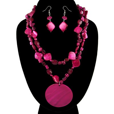 Wholesale lead Free Double Strand Fashion Necklace Earrings Set Magenta Shells S