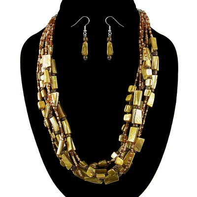 Wholesale lead Free Gold Multi strand Shell Fashion Necklace Earrings Set Red Bl