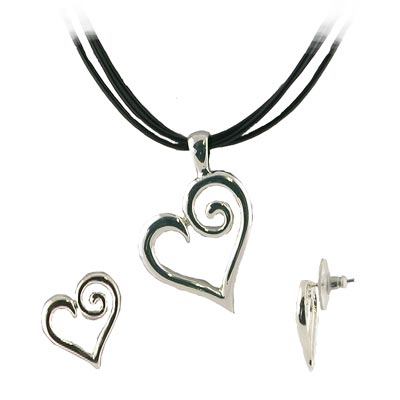 Wholesale polished Silver Heart Clasp Chain Tips Black Three Stand Necklace Earr
