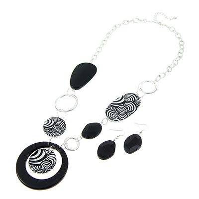 Wholesale jet Beads Jet Hoops Black White Designs Polished Silver Necklace Earri