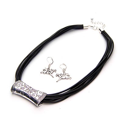 Wholesale western Polished Silver Cowboy Horse Pendant Matching Earrings Black L