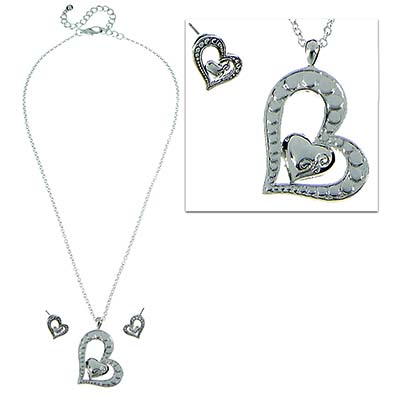 Wholesale heart Pendant Necklace Earring Set Lobster Clasp Earrings have Ear Pos