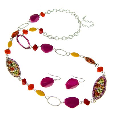 Wholesale fashion Necklace Earring Set Magenta Yellow Orange Tones Stones Etched