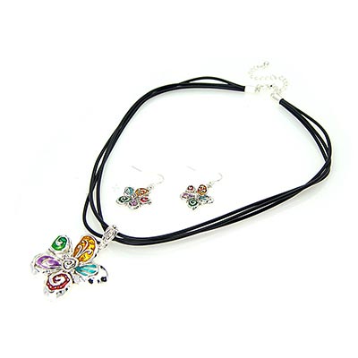 Wholesale polished Silver Flower Multiple Colors Pendant Earring Set Multi stran