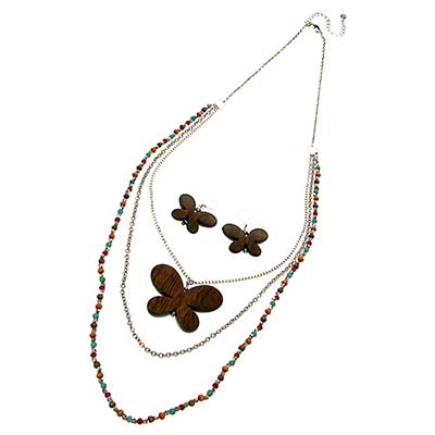 Wholesale wooden Butterfly Designs Multi colored Pastel Silver Beads Necklace Ea