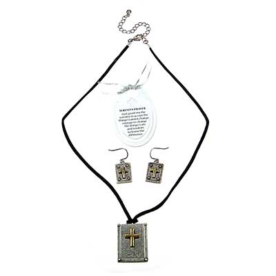Wholesale pewter Gold Accents Cross Necklace Earring Set Black Fabric Necklace A