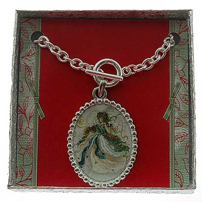 Wholesale angel Laminated Print Textured Oval Pendant Necklace Toggle Connector
