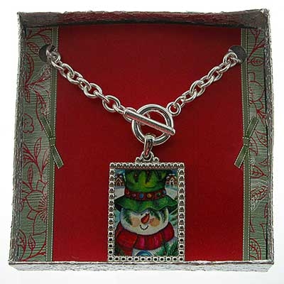 Wholesale snowman Laminated Print Textured Rectangular Pendant Necklace Toggle C