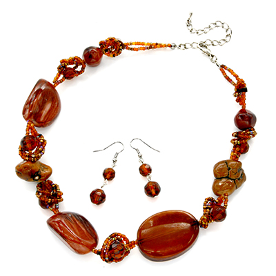 Wholesale brown Glass Faux Stone Designs Matching Beads Necklace Earring Set Lea