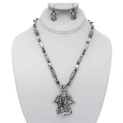 Wholesale angel Pendant Necklace Earring Set Matte Silver Metal CZs Hematite Acc
