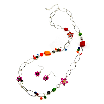 Wholesale floral Faceted Bead Multi Colored Designs Polished Silver Chain Neckla