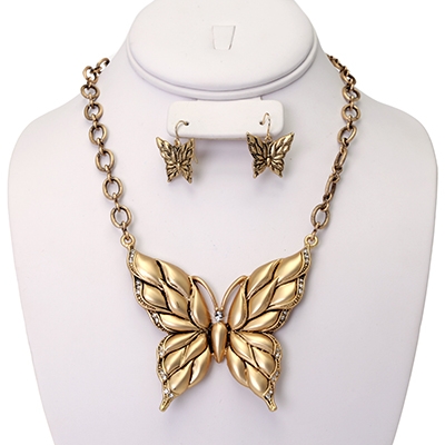 Wholesale butterfly Pendant Necklace Earring Set CZs Matte Gold Metal Lead Compl