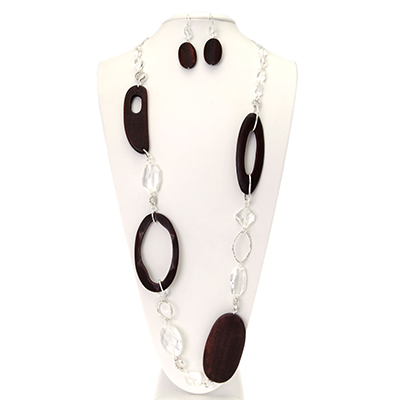Wholesale dark Wooden Ovals Acrylic Crystalline Polished Silver Hoops Necklace E