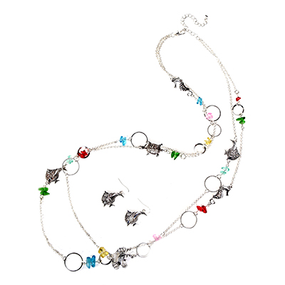 Wholesale silver double chain necklace multi colored beads silver sealife extens