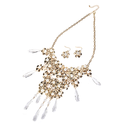 Wholesale gold flower cluster necklace white pearls clear prism drops plus exten