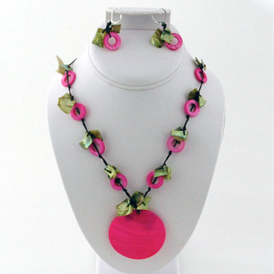 Wholesale genuine Shell Chips Circles Hoops Necklace Earring Set Dominate Pink G