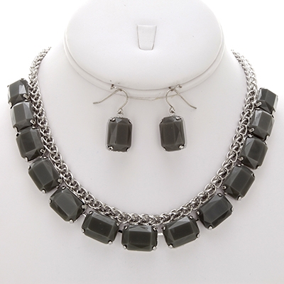 Wholesale slate Gray Insets Polished Silver Necklace Earring Set Nickel Lead Fre