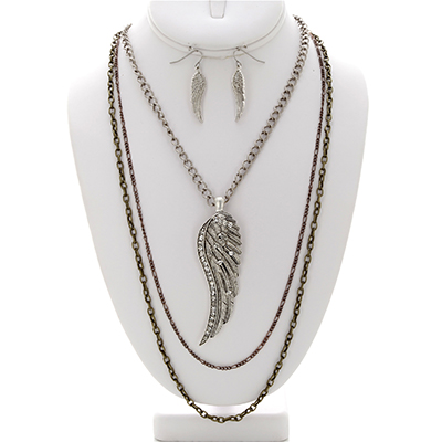 Wholesale wing Pendant Necklace Earring Set CZs Matte Silver Gold Rose Gold Chai