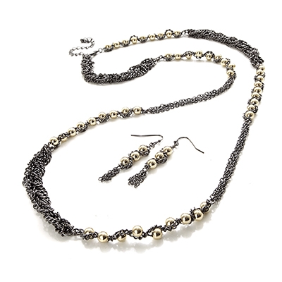 Wholesale hematite Braided Chain Necklace Earring Set Polished Gold Beads Nickel