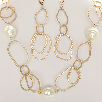 Wholesale textured Matte Gold Links Beige Baroque Glass Beads Necklace Earring S