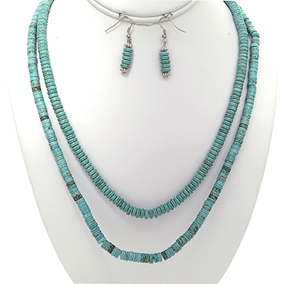 Wholesale genuine Stone Turquoise Double Strand Necklace Silver Accents Earring