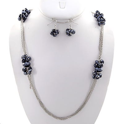 Wholesale navy Blue Faceted Metal Bead Designs Polished Silver Multi Strand Neck